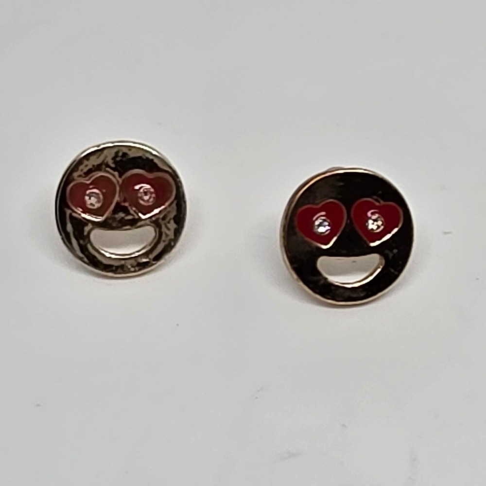Smiley Face Emoji Earrings Studs Heart Eyes Gold Tone Fun Cute Jewelry